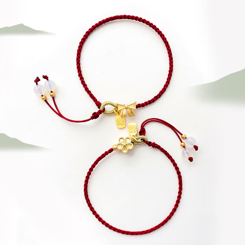Nimara Ritual Handmade Peach Blossom Rosette Bow Knot Fu Character Charm Luck Fortune Red Rope Bracelet