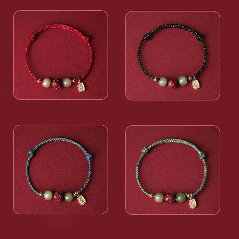 Nimara Ritual 14K Gold Plated Hetian Jade Cinnabar Lotus Luck Handcrafted Rope Bracelet