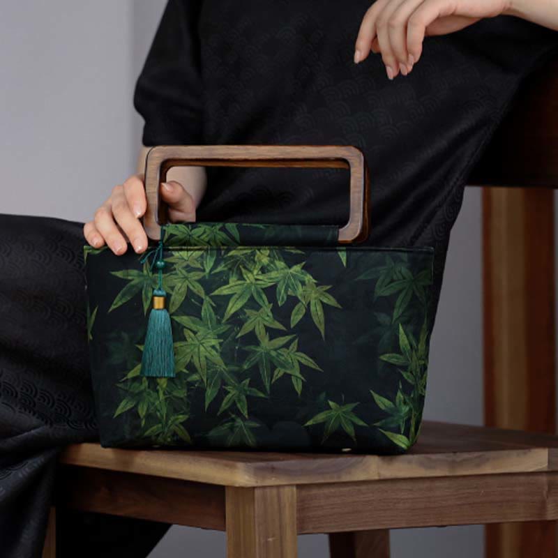 Nimara Ritual Vintage Brown Flowers Green Bamboo Leaves Wood Handles Zipper Handbag