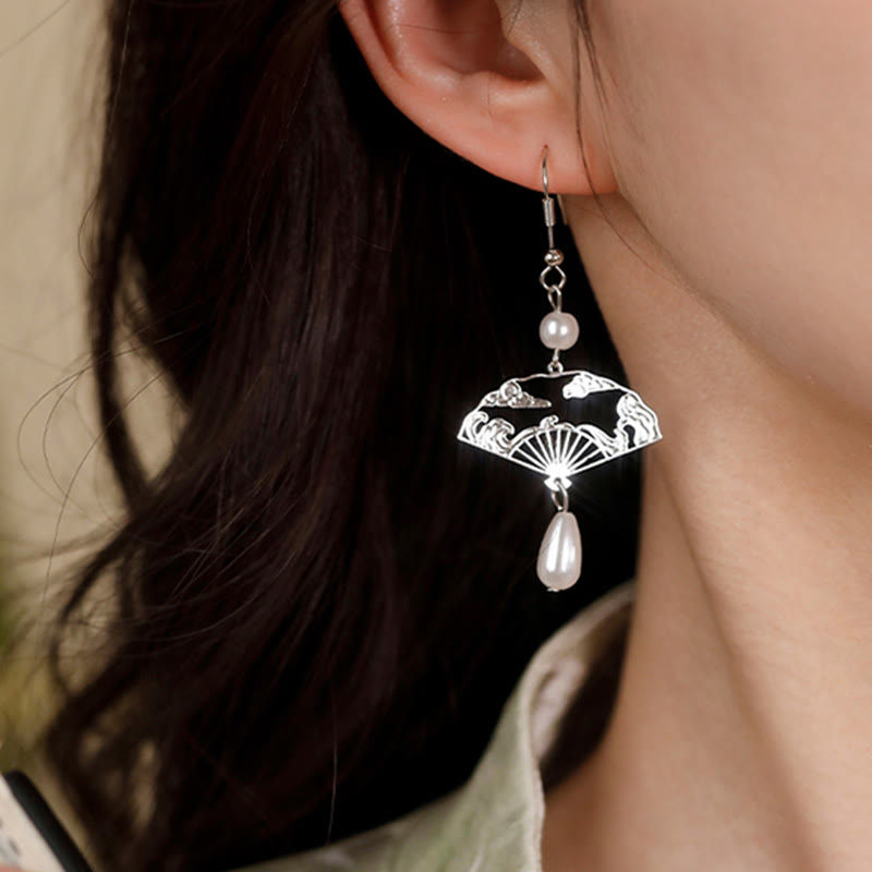 Nimara Ritual Copper Fan Auspicious Clouds Pearl Healing Drop Earrings