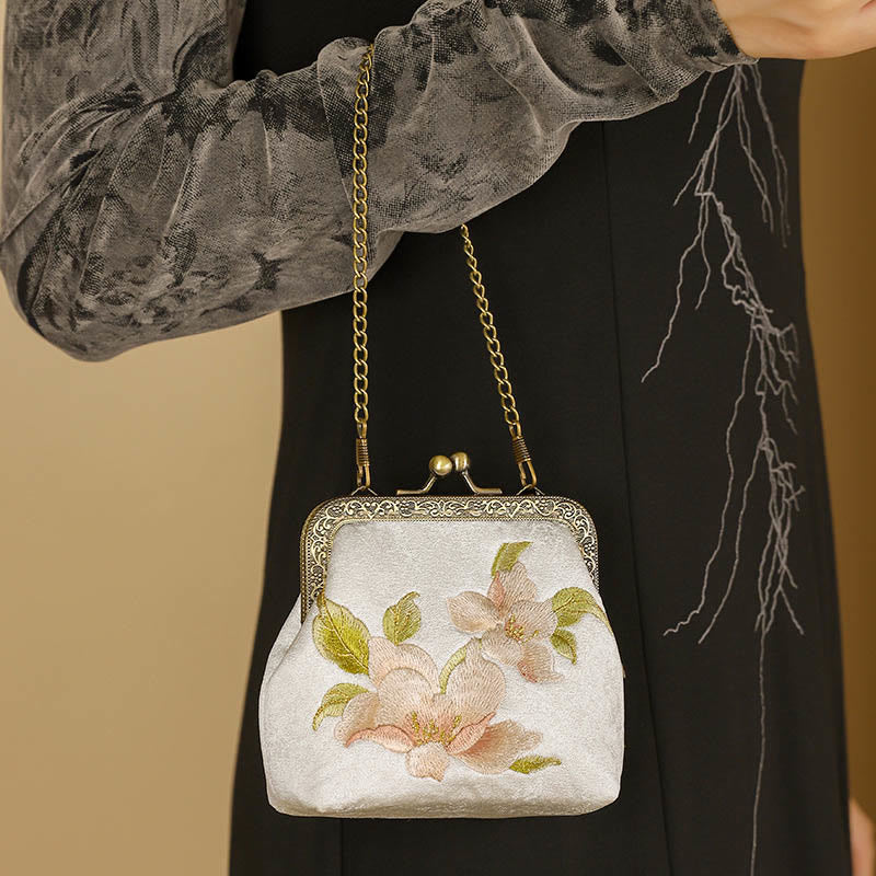 Nimara Ritual Orchids Oriental Cherry Butterfly Embroidery Metal Handle Handbag