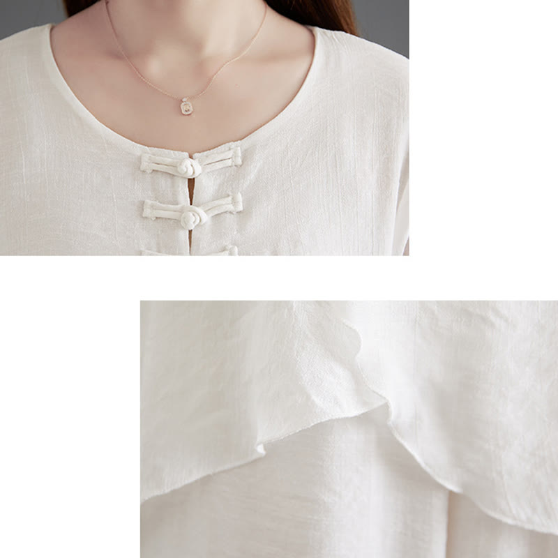 Nimara Ritual 2Pcs Frog-Button Long Sleeve Shirt Wide Leg Pants Meditation Cotton Linen Clothing