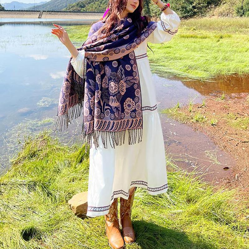 Nimara Ritual Tibetan Flower Floral Leaves Pattern Design Shawl Cozy Travel Scarf Wrap