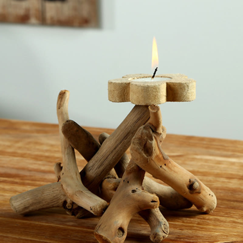 Nimara Ritual Flower Pattern Wood Candlestick Home Candle Holder Decoration