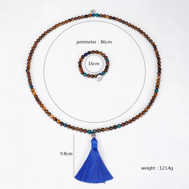 Nimara Ritual 108 Mala Beads Tiger Eye Buddha Strength Bracelet Tassel Necklace Pendant