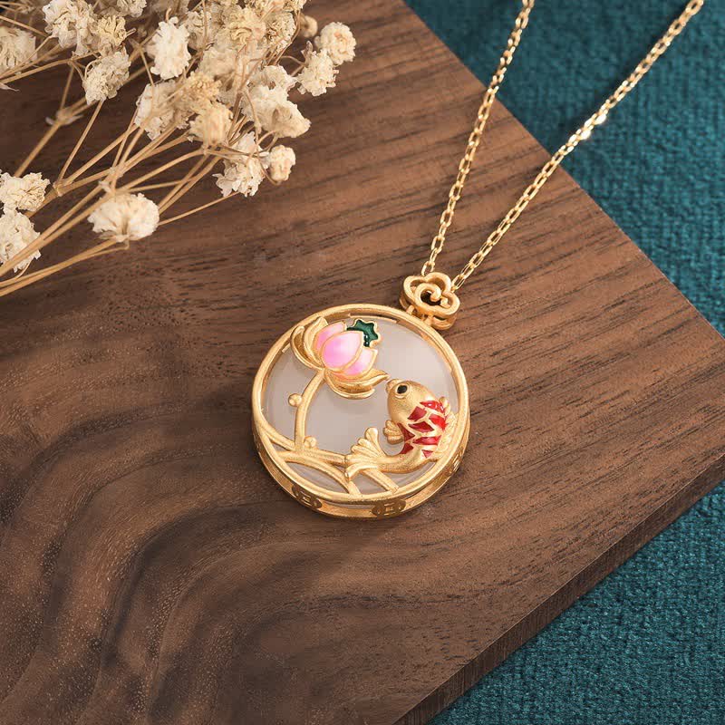Nimara Ritual White Jade Koi Fish Lotus Blessing Necklace Pendant