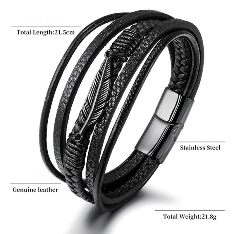 Nimara Ritual Feather Pattern Multilayer Leather Titanium Steel Calm Braided Magnetic Buckle Bracelet