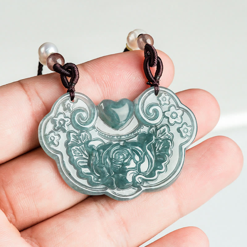 Nimara Ritual Natural Jade Peony Flower Lock of Good Wishes Prosperity Necklace Pendant
