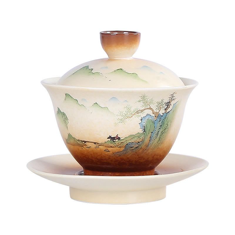 Nimara Ritual Mountain Landscape Countryside Ceramic Gaiwan Sancai Teacup Kung Fu Tea Cup And Saucer With Lid