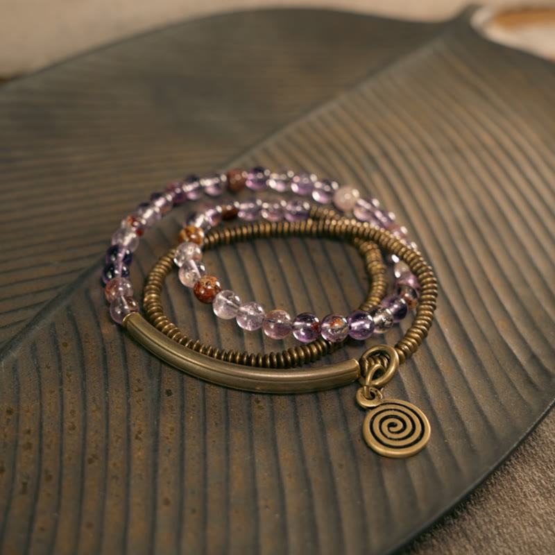 Nimara Ritual Purple Phantom Red Hematoid Quartz Green Rutilated Quartz Copper Love Forgive Bracelet