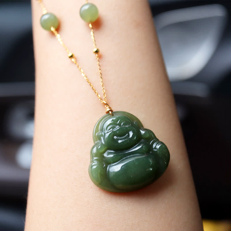 Nimara Ritual Laughing Buddha Hetian Jade Luck Necklace Bead Chain Pendant