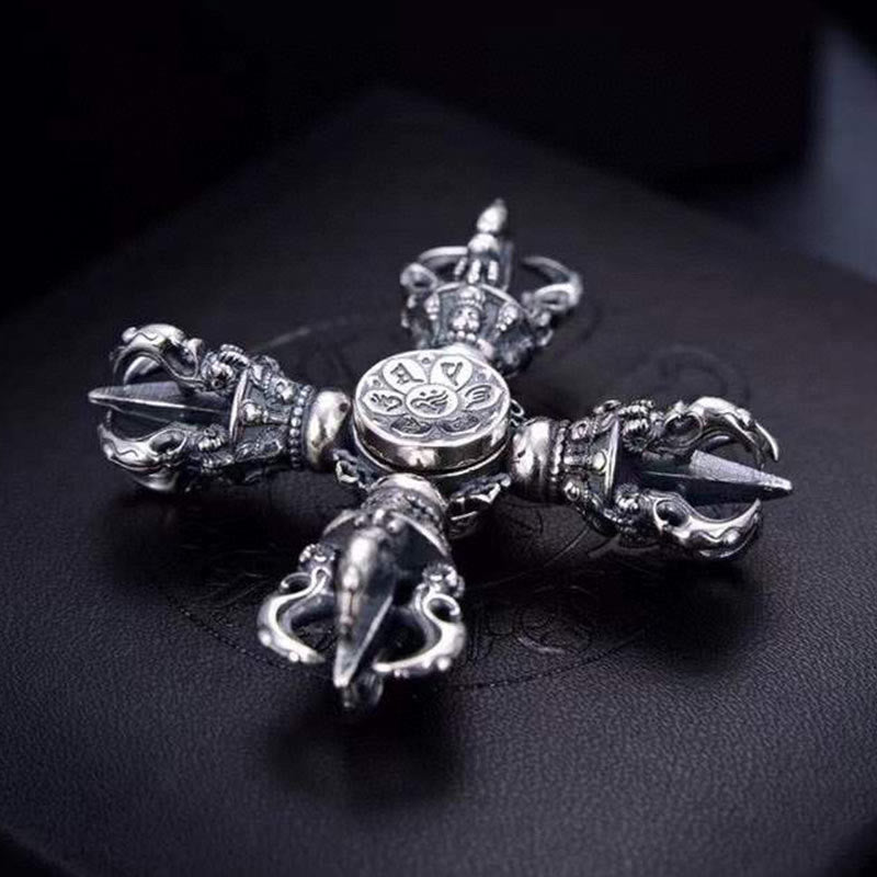 Nimara Ritual Tibetan 925 Sterling Silver Double Dorje Vajra Engraved Spiritual Power Pendant