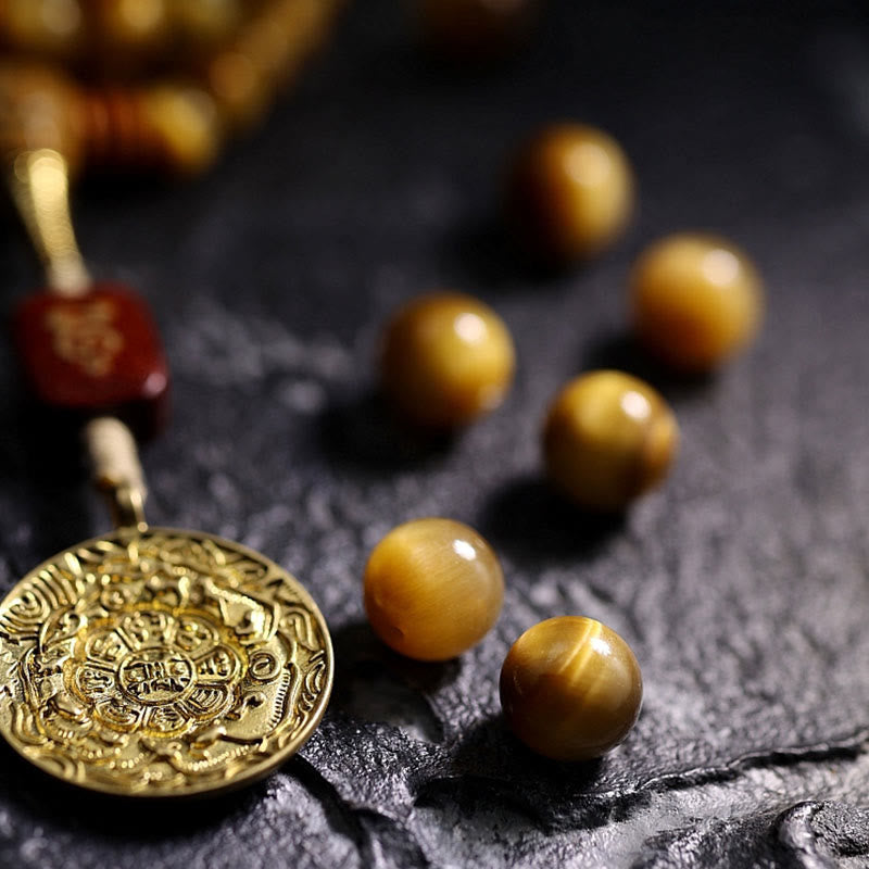 Nimara Ritual 108 Mala Beads Natural Tiger Eye Copper Dorje Protection Tassel Bracelet
