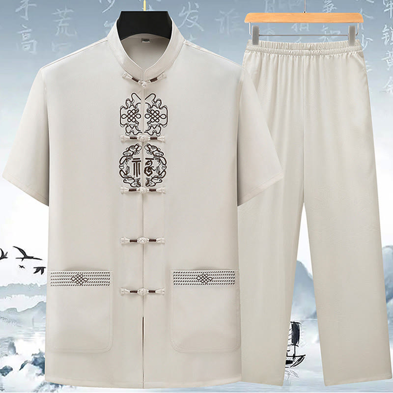 Nimara Ritual Fu Character Chinese Knotting Embroidery Tang Suit Traditional Short Sleeve Top Pants Clothing Men's Set