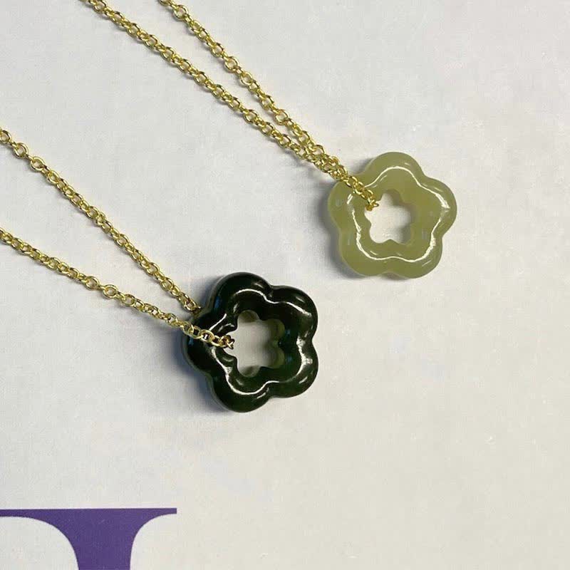 Nimara Ritual Dainty Hetian Jade Cyan Jade Luck Floral Charm Necklace Pendant
