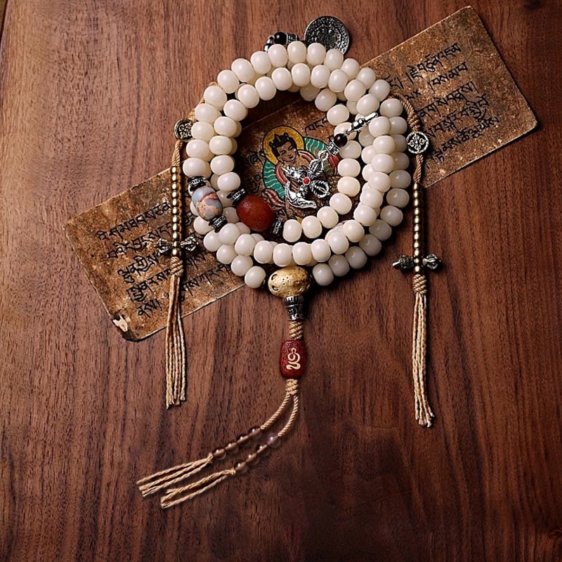 Nimara Ritual Tibet 108 Mala Beads Bodhi Seed Bagua Vajra Dzi Bead Gray Agate Wealth Bracelet