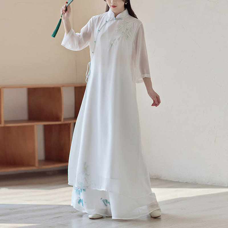 Nimara Ritual Bamboo Cheongsam Dress Midi Dress Wide Leg Pants Meditation Spiritual Zen Practice Clothing