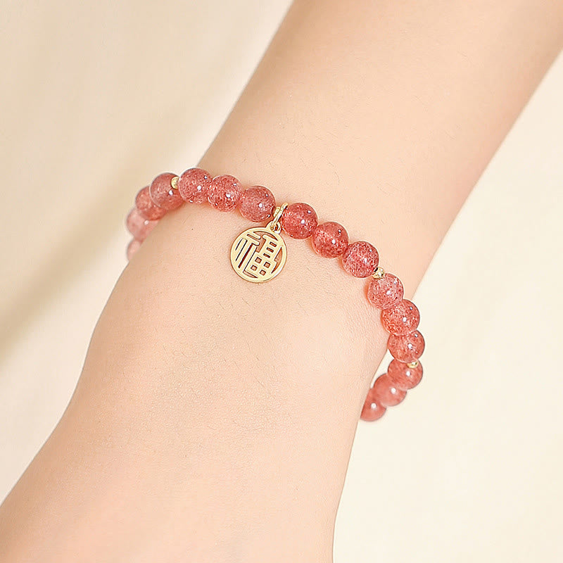 Nimara Ritual 14K Gold Plated Strawberry Quartz Fu Character Healing Charm Bracelet
