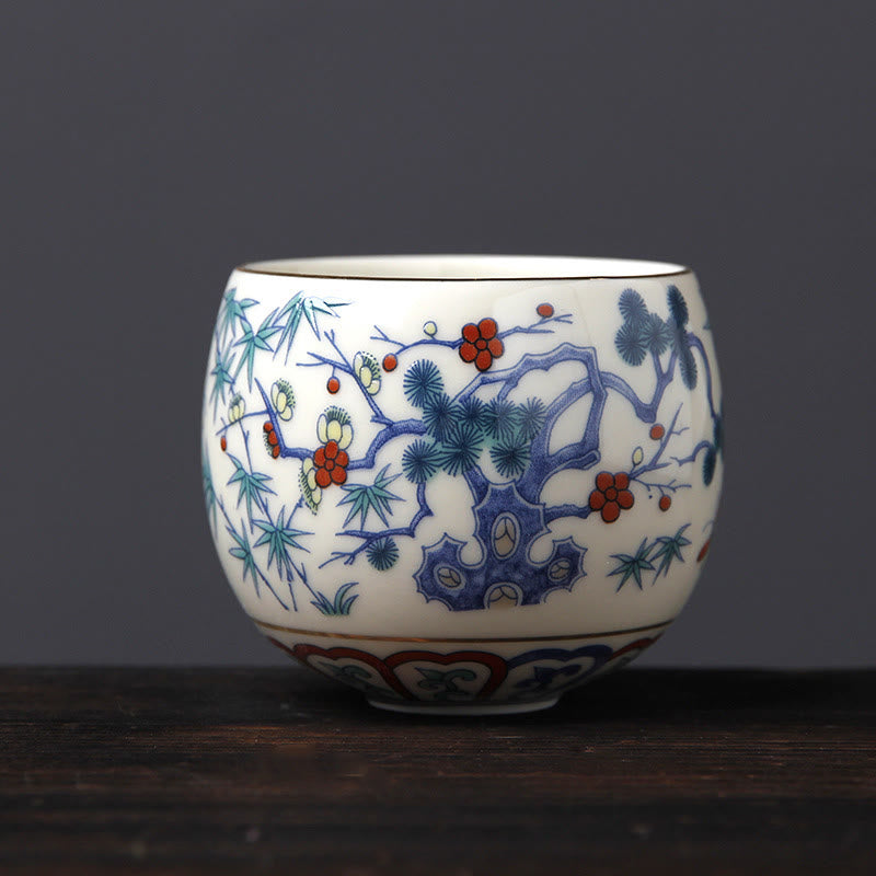 Nimara Ritual Vintage Plum Blossom Pine Bamboo Phoenix Kirin Lion Dancing Ceramic Teacup Tea Cups