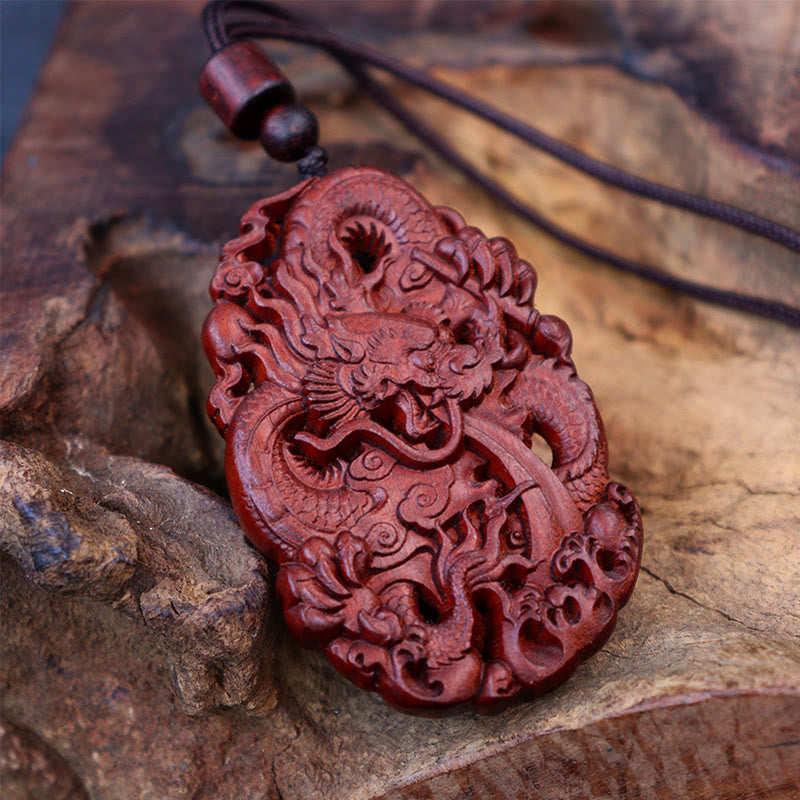 Nimara Ritual Lightning Struck Jujube Wood Double Dragon Relief Ward Off Evil Spirits Necklace Pendant