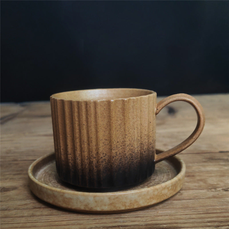 Nimara Ritual Retro Striped Kiln Change Ceramic Coffee Mug Rough Pottery Tea Coffee Cup With Saucer 250ml