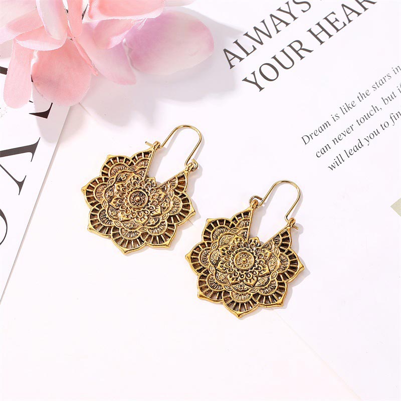 Nimara Ritual Tibetan Lotus Engraving Copper Blessing Drop Earrings