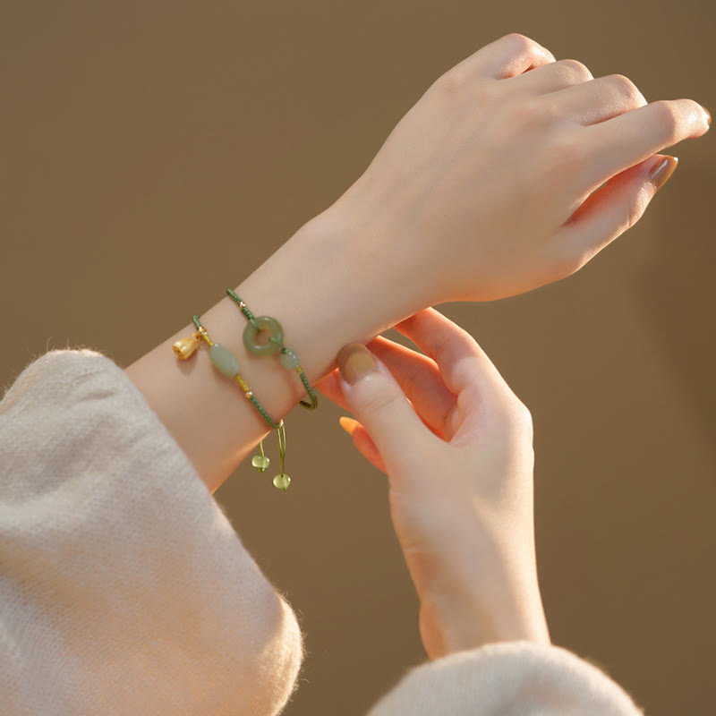 Nimara Ritual Lotus Jade Peace Buckle Bead Luck Happiness Charm String Bracelet