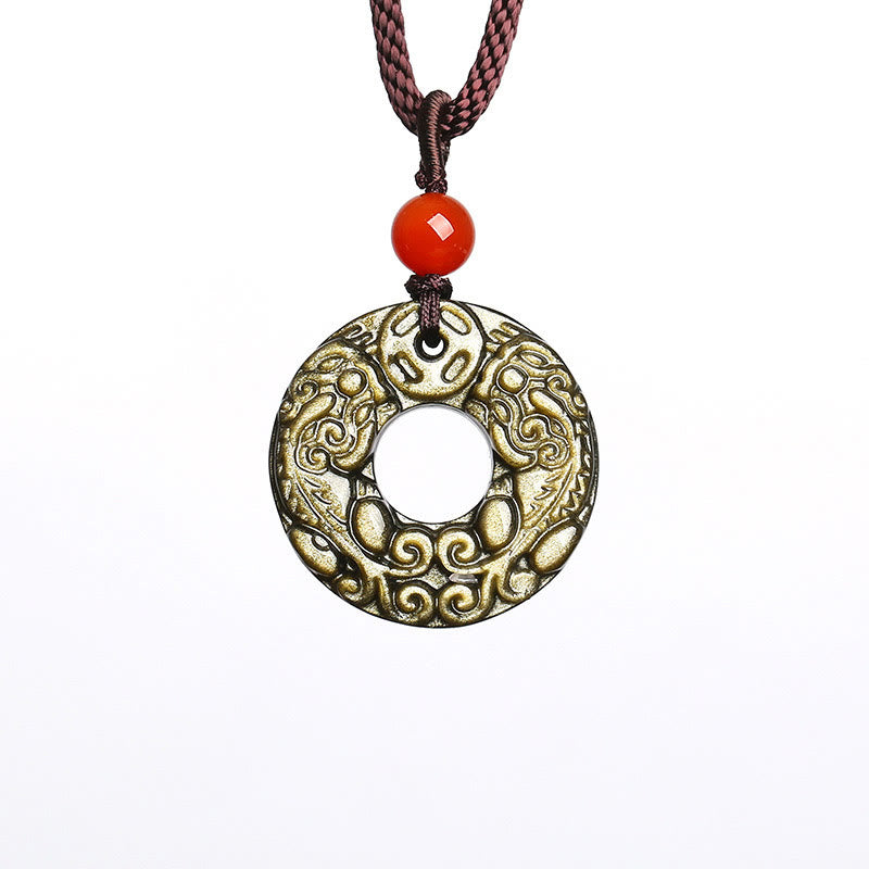 Nimara Ritual Gold Sheen Obsidian Peace Buckle Pixiu Copper Coin Wealth Necklace Pendant