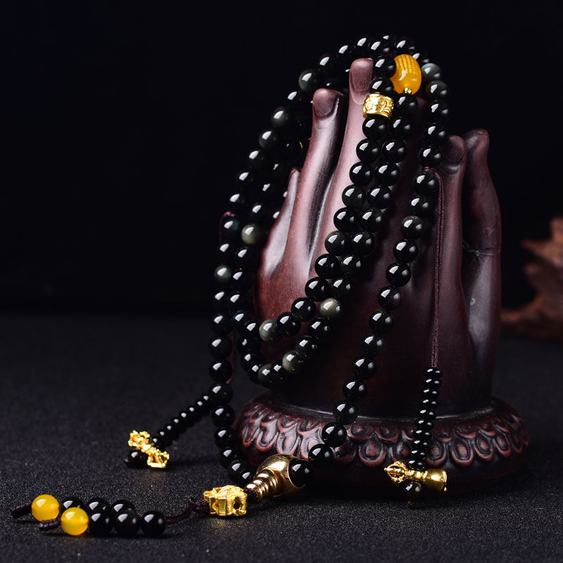 Nimara Ritual 108 Beads Natural Black Obsidian Lotus Fulfilment Mala Bracelet