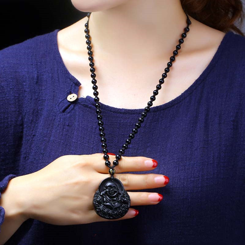 Nimara Ritual Laughing Buddha Black Obsidian Strength Protection Pendant Necklace