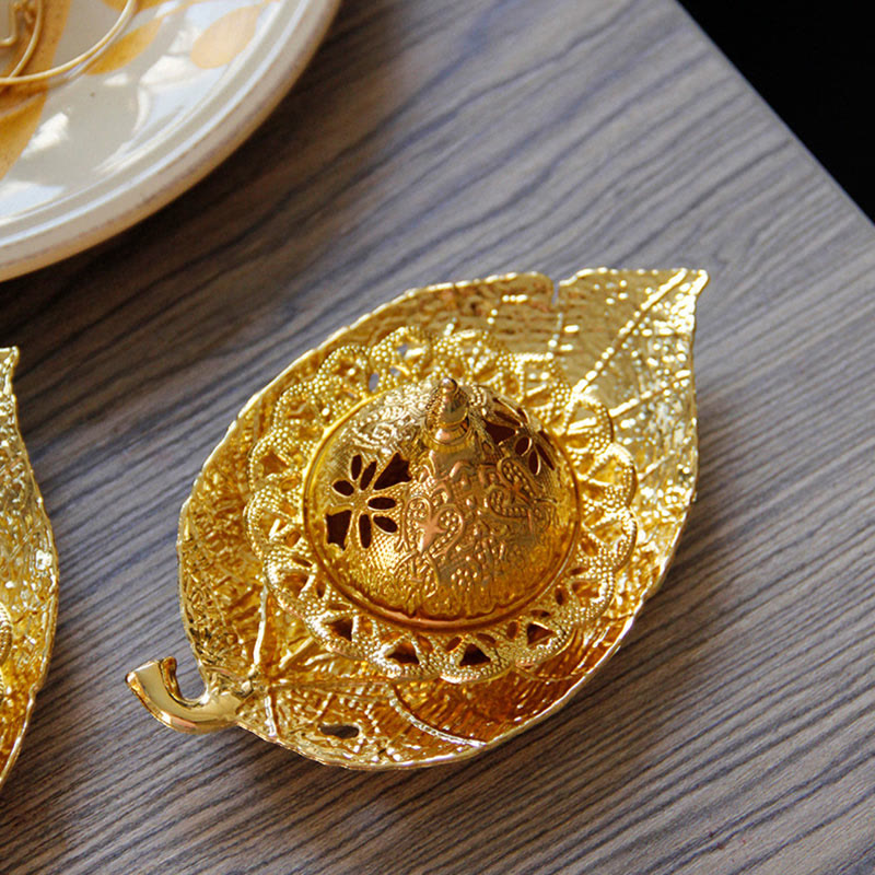 Nimara Ritual Tibetan Gold Mini Leaf Coaster Meditation Incense Burner