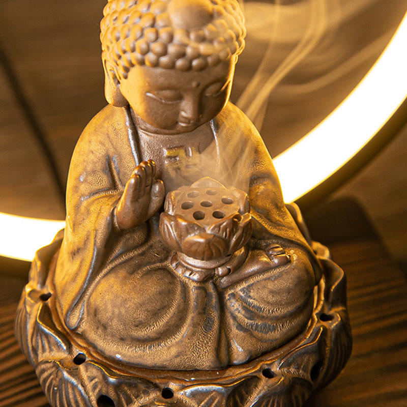 Nimara Ritual Buddha Lotus Backflow Smoke Fountain Ceramic Blessing Incense Burner With Light Decoration