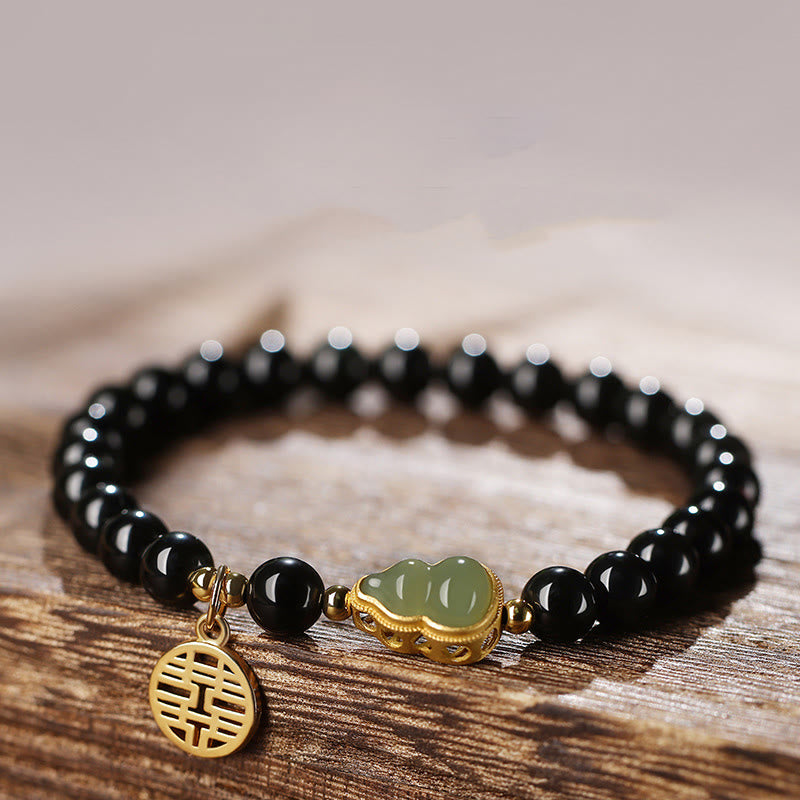 Nimara Ritual Natural Black Obsidian Hetian Jade Gourd Double Happiness Strength Bracelet