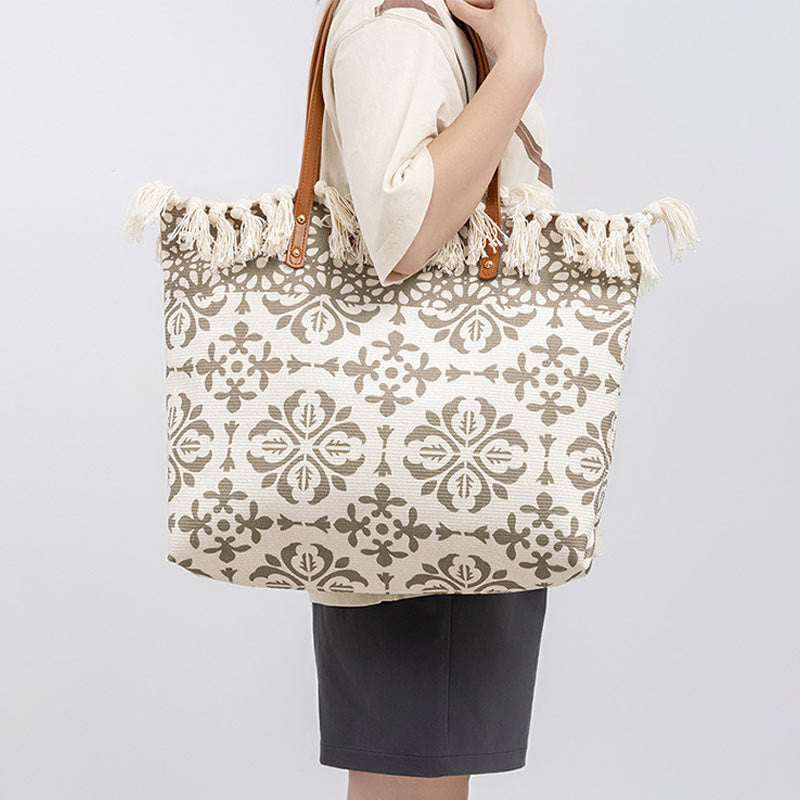 Nimara Ritual Large Capacity Boho Geometry Print Tassel Canvas Tote Shoulder Bag