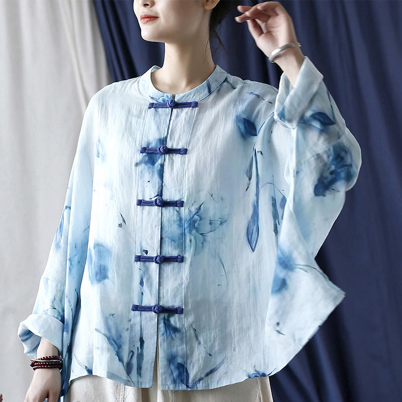 Nimara Ritual Tie Dye Blue Flowers Frog-Button Design Long Sleeve Ramie Linen Jacket Shirt