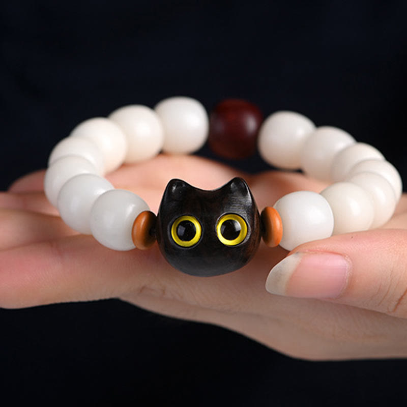 Nimara Ritual Natural Bodhi Seed Small Leaf Red Sandalwood Ebony Wood Cute Lucky Cat Wisdom Bracelet