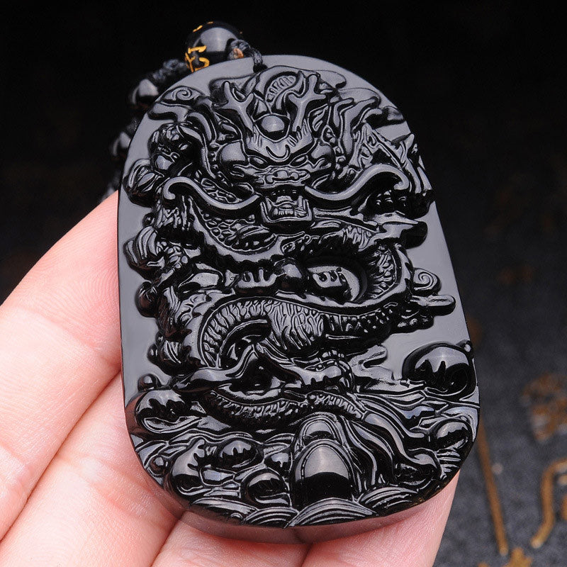 Nimara Ritual Black Obsidian Stone Dragon Fulfilment Pendant Necklace