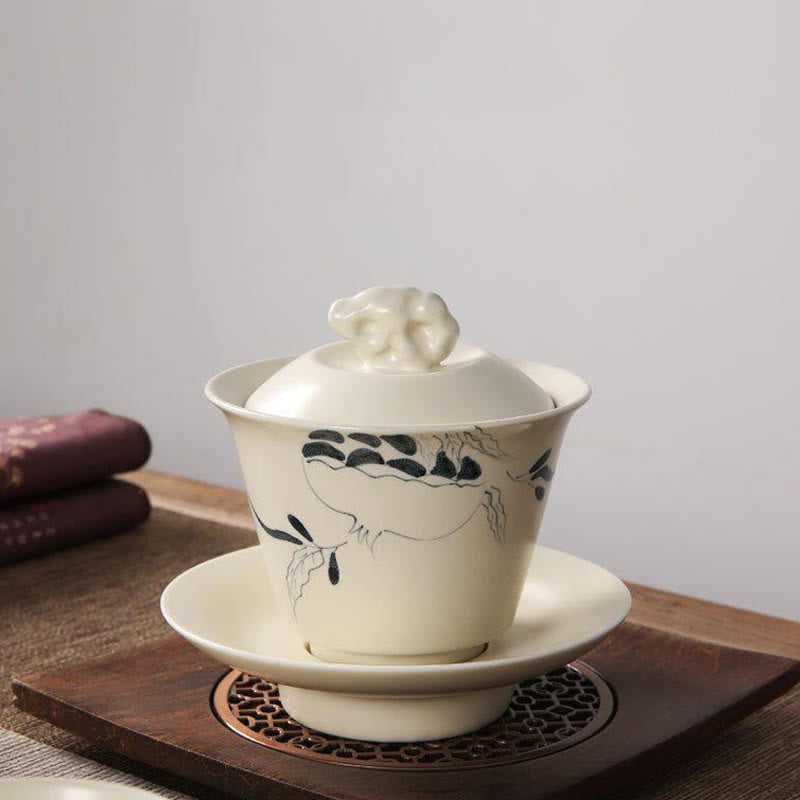 Nimara Ritual Hand Painted Pomegranate Hibiscus Pine Lotus Ceramic Gaiwan Sancai Teacup Kung Fu Tea Cup And Saucer With Lid
