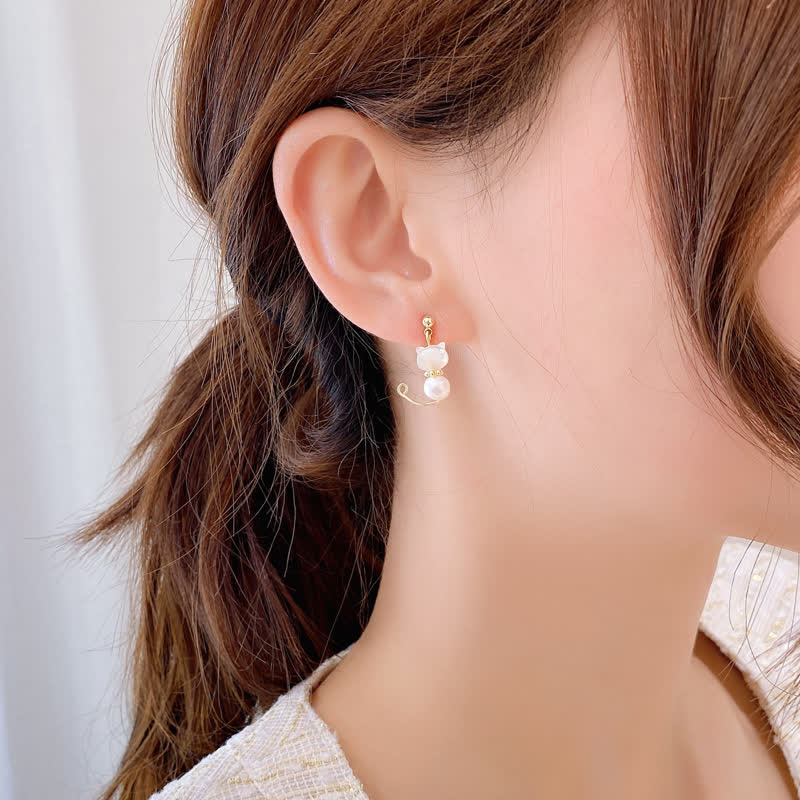 Nimara Ritual Cute Cat Paw Pearl Wisdom Stud Drop Earrings