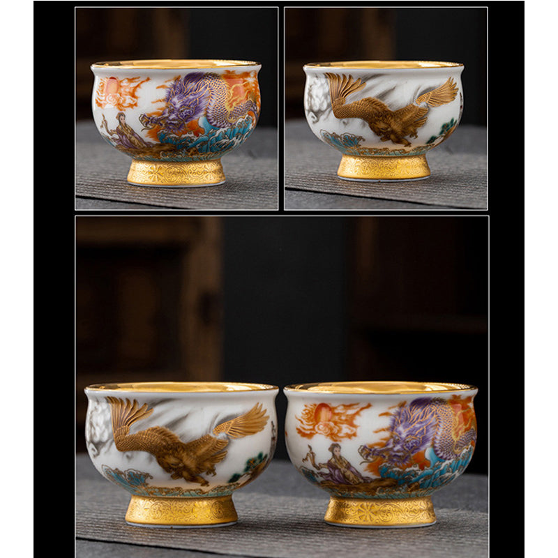 Nimara Ritual Golden Eagle Auspicious Dragon Sun Ocean Waves Gilt Ceramic Teacup Kung Fu Tea Cup