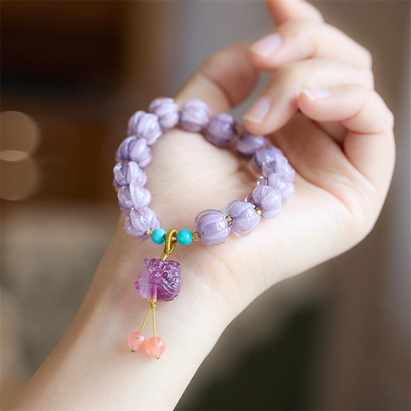 Nimara Ritual Liuli Glass Bead Lotus Design Fluorite Ivory Fruit Dancing Lion Charm Enlightenment Bracelet