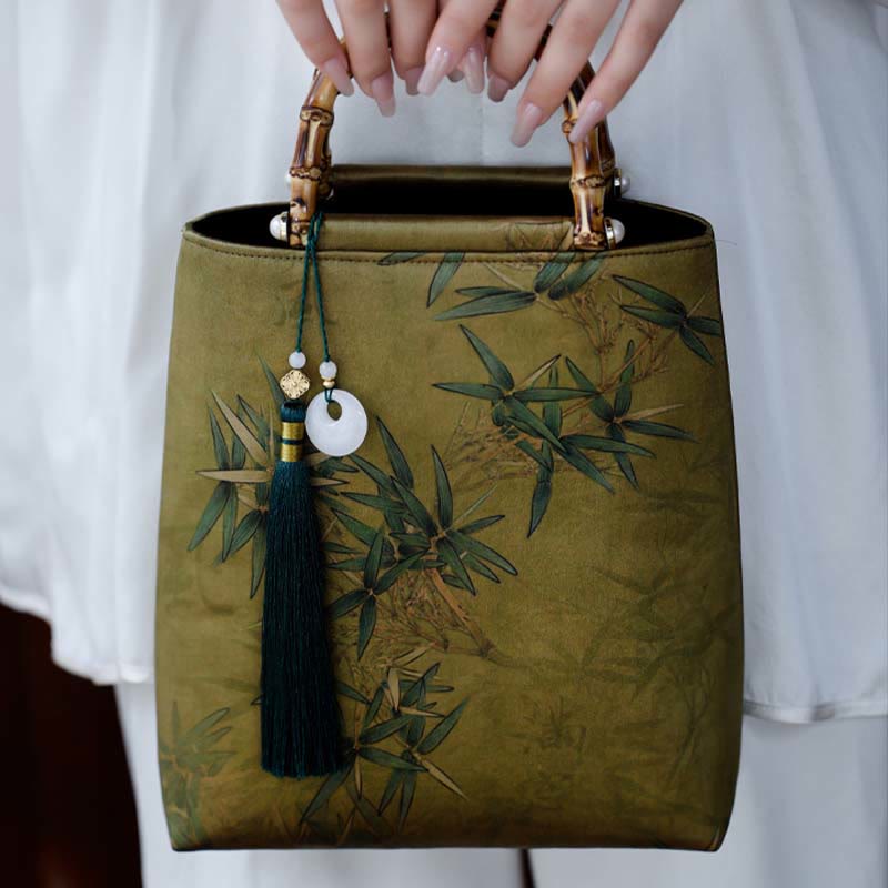 Nimara Ritual Yellow Green Bamboo Leaves Bamboo Handles Handbag