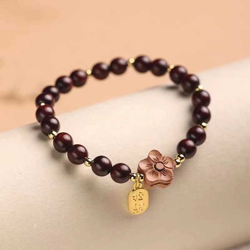 Nimara Ritual Natural Sandalwood Peach Blossom Small Leaf Red Sandalwood Ruyi Charm Protection Bracelet