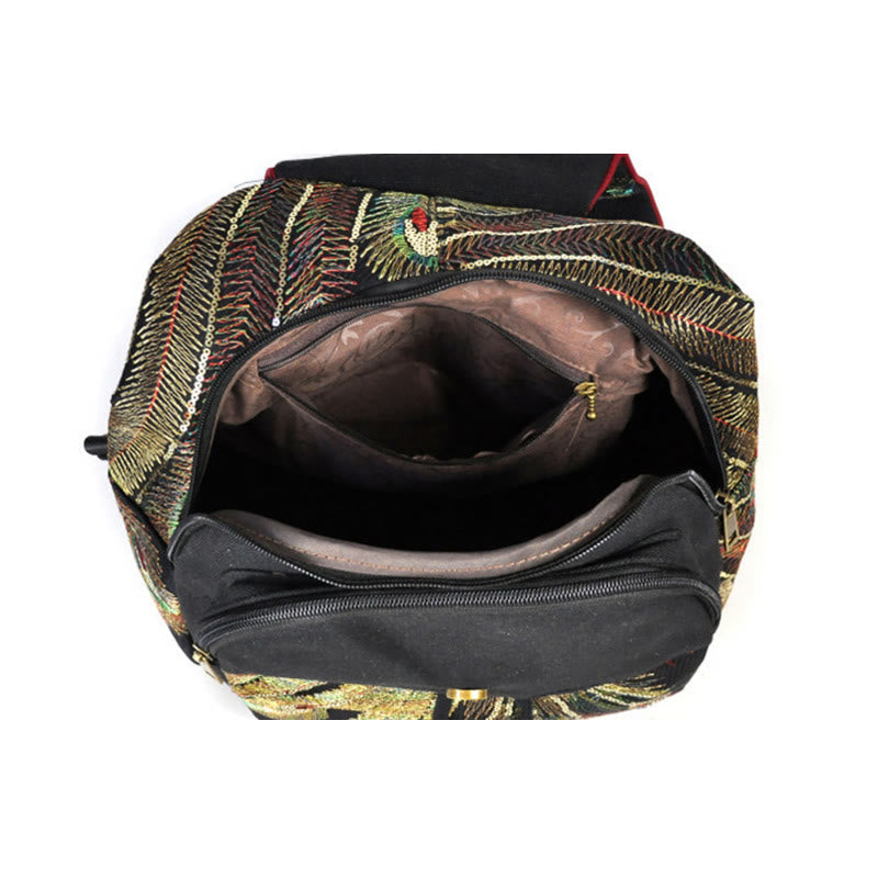 Nimara Ritual Peacock Embroidery Canvas Tassel Backpack