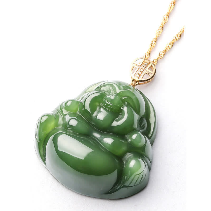 Nimara Ritual 925 Sterling Silver Laughing Buddha Hetian Cyan Jade 18K Gold Success Necklace Chain Pendant