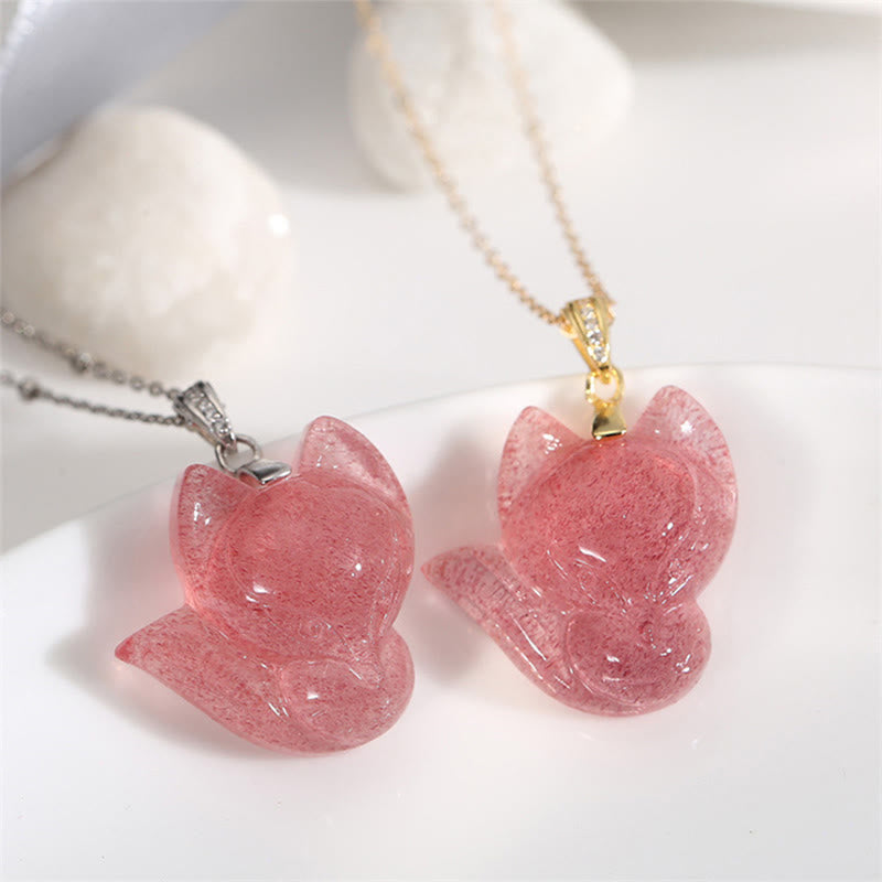Nimara Ritual 925 Sterling Silver Plated 14k Gold Strawberry Quartz Fox Healing Necklace Pendant