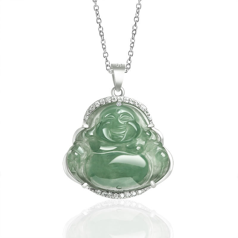 Nimara Ritual Laughing Buddha Natural Jade Luck Prosperity Necklace Titanium Steel Chain Pendant