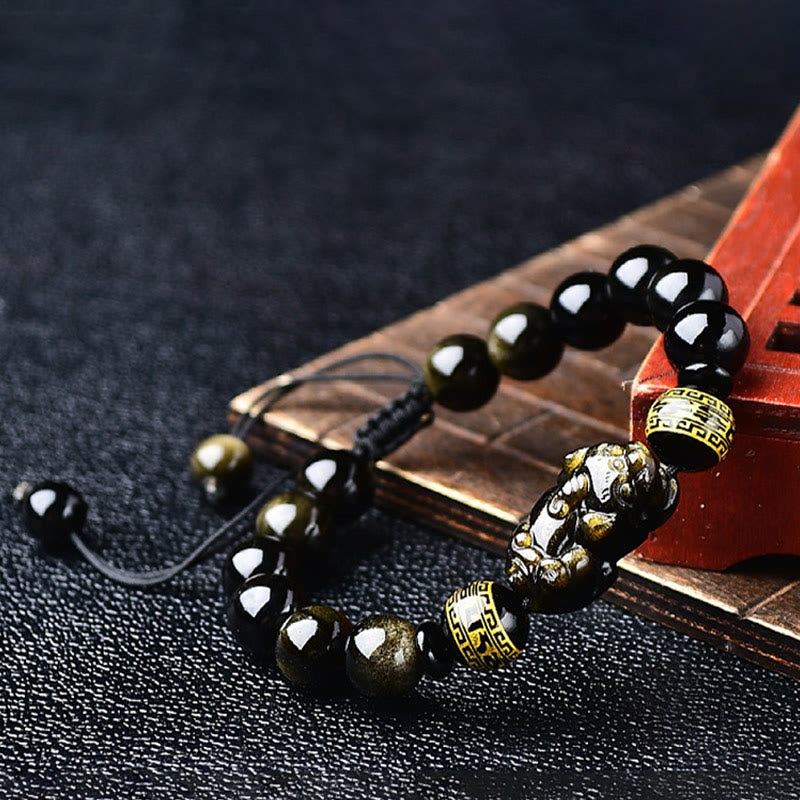 Nimara Ritual Natural Gold Sheen Obsidian PiXiu Om Mani Padme Hum Wealth Braided Bracelet