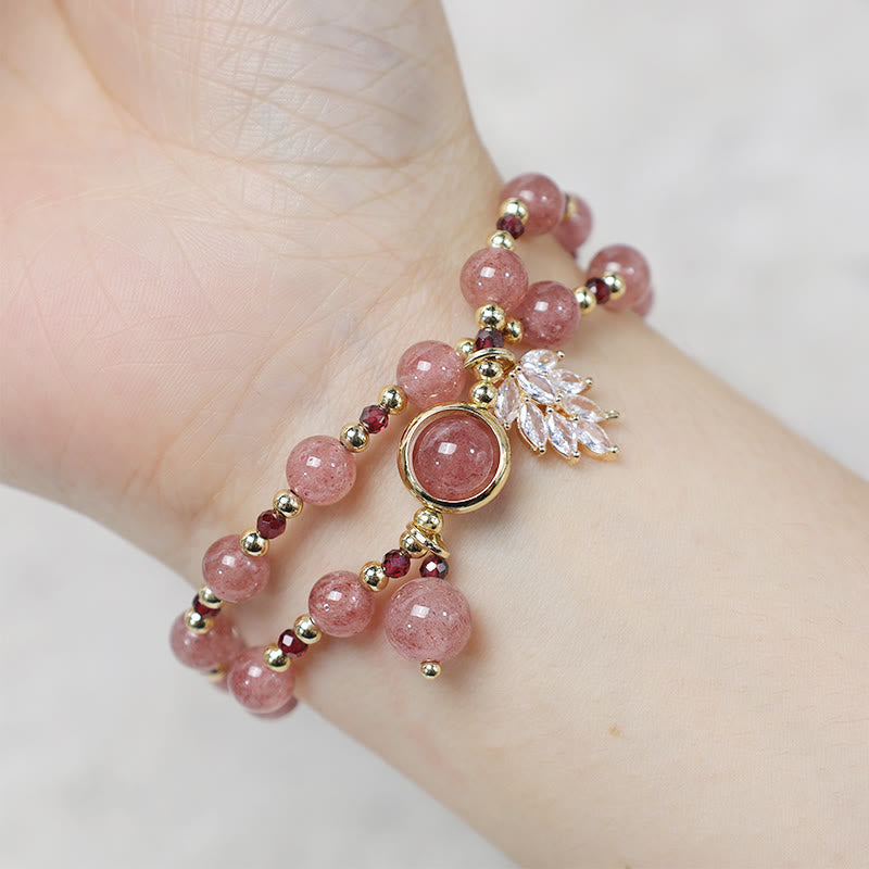 Nimara Ritual Natural Strawberry Quartz Love Healing Maple Leaf Charm Double Wrap Bracelet