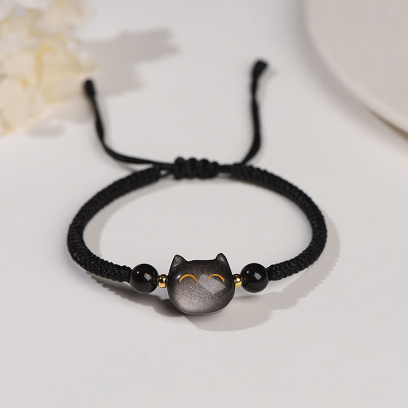Nimara Ritual Handmade Natural Silver Sheen Obsidian Strawberry Quartz Cute Cat Protection Braided Bracelet